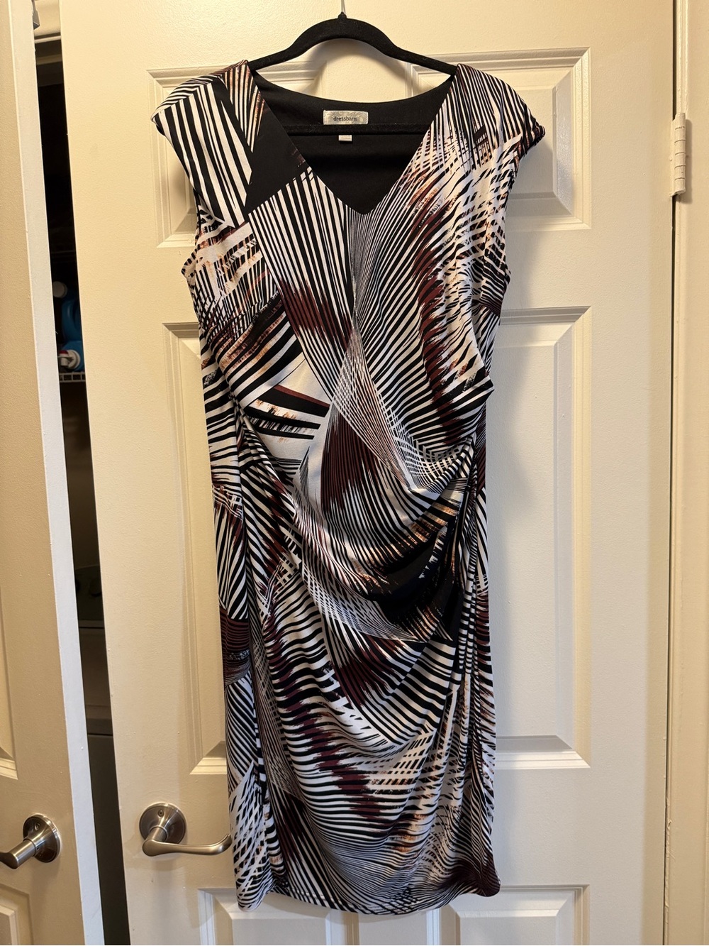 Dress Barn Geometric Draped Midi Dress - Black, White & Brown